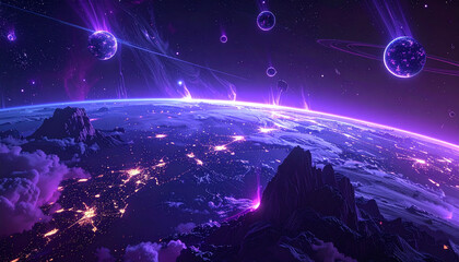 A breathtaking cosmic vista showcasing a vibrant planet with celestial phenomena and otherworldly atmosphere.