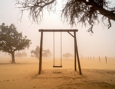 Swing set in hazy desert landscape; trees in the fog