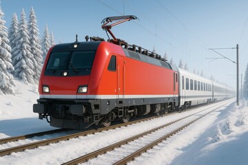 Fototapeta premium Modern red electric train traveling on snowy tracks through winter forest under clear blue sky, symbolizing eco-friendly transport concept. Ai generative
