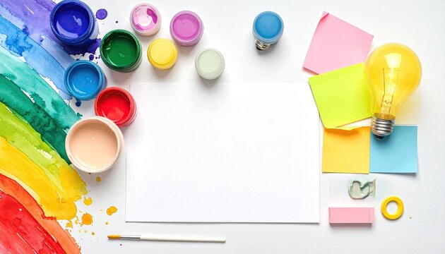Art supplies paints, brush, paper, idea bulb on white