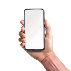A man s hand holding a modern smartphone with a blank screen isolated on transparent background