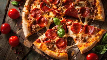A freshly baked pepperoni pizza with melted cheese, topped with basil leaves, and surrounded by ripe tomatoes on a wooden table.