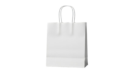 Simple white paper shopping bag with twisted handles standing upright isolated on transparent background