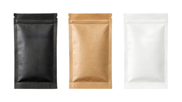 Three diverse blank stand up pouches in black, brown kraft, and white are presented, isolated on a transparent png background.