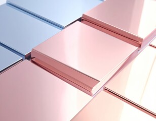 Square tiles alternate blue and rose gold, shiny, geometric