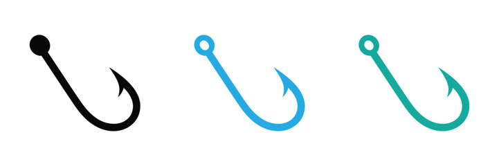 Colorful fishing hooks in a row offer choices for angling adventures and hobbies,Collection of fishing hook icons isolated on white background for angling and recreation