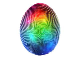 Colorful rainbow fingerprint pattern representing identity and uniqueness isolated on transparent background