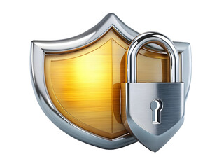 Silver padlock secured to a golden shield symbolizing protection and security isolated on transparent background