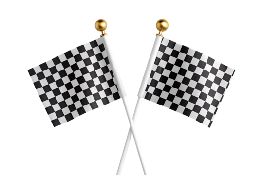Two black and white checkered flags are crossed, signaling a racing finish on a transparent background, png, isolated.