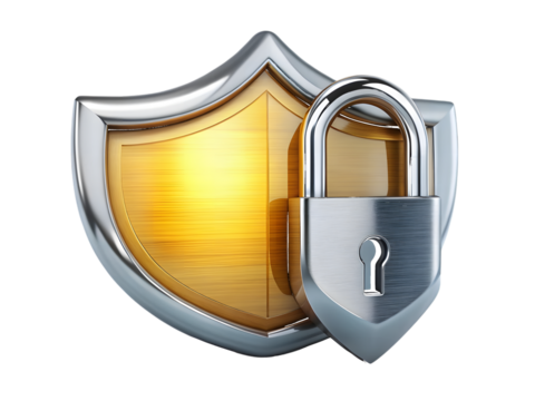 Silver padlock secured to a golden shield symbolizing protection and security isolated on transparent background