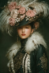 Asian LAdy in Fur Coat and Very Elegant Hat with Feathers and Flowers. Generative AI