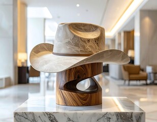 Marble cowboy hat sculpture on wood base in airy lobby
