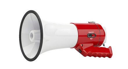 Red and white megaphone with a black handle and speaker cone isolated on transparent background