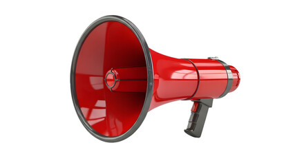 Classic red megaphone with a shiny metallic finish a symbol of communication and announcement isolated on transparent background