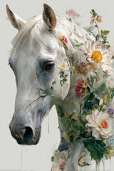 Portrait of a White Horse with Flowers. Generative AI