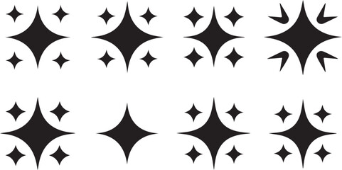 Twinkle star shape symbols. Minimalist silhouette stars icon. Modern geometric elements, shining star icons, abstract sparkle black silhouettes symbol vector set. Used in web