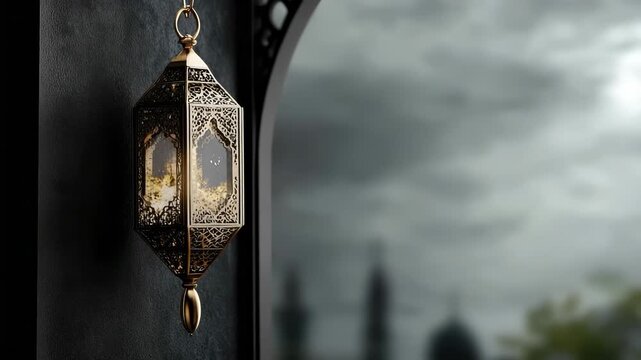A beautifully crafted lantern illuminates a serene setting, representing the joy and spirituality of islamic holidays like eid al-adha and laylat al-qadr