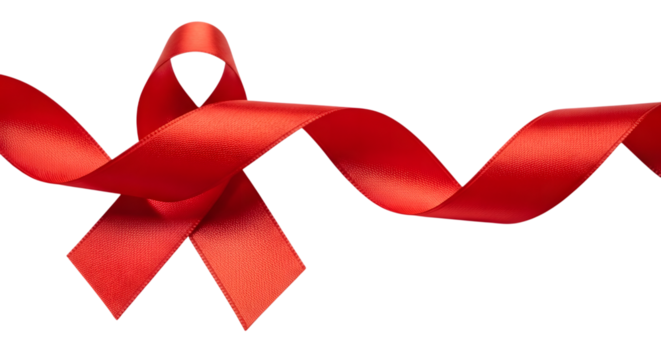 A flowing red awareness ribbon symbolizing hope and support for various causes isolated on transparent background