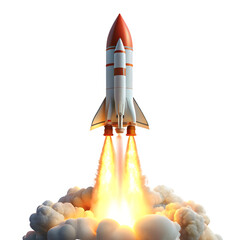Detailed realistic model of a multi stage rocket launching with bright flames and smoke isolated on transparent background