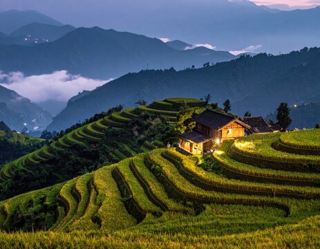Terraced rice fields with a lit house at dusk - Powered by Adobe