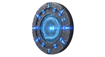 Mysterious glowing ancient portal with intricate carvings and blue energy emanating outwards isolated on transparent background