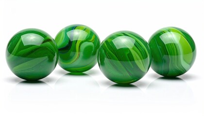Four green, swirled glass marbles in a row, on white