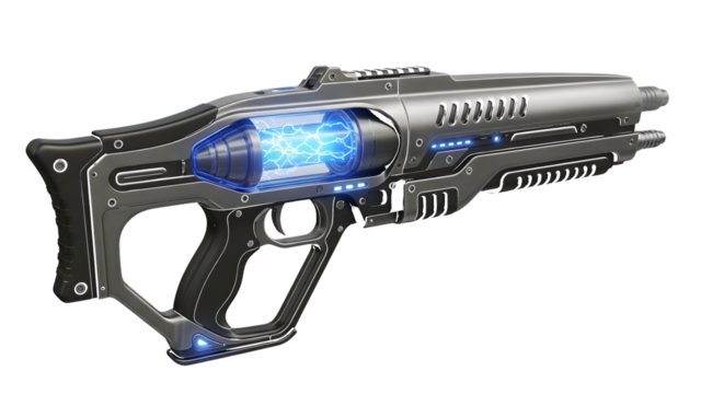 Futuristic sci fi energy weapon with glowing blue power core isolated on transparent background