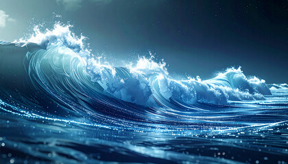 Dramatic wave cresting with foam and spray, illuminated against a dark blue background.