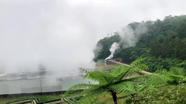 High in the mountains, a geothermal plant for the generation of renewable electricity that is environmentally friendly for nature