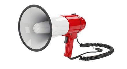 Red and white handheld megaphone with coiled cord isolated on transparent background