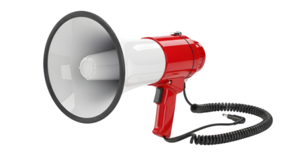 Red and white handheld megaphone with coiled cord isolated on transparent background