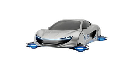 Futuristic silver sports car with glowing blue thrusters hovering in the air isolated on transparent background