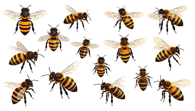 Various isolated illustrations showcasing honeybees in different poses, angles, and perspectives against white