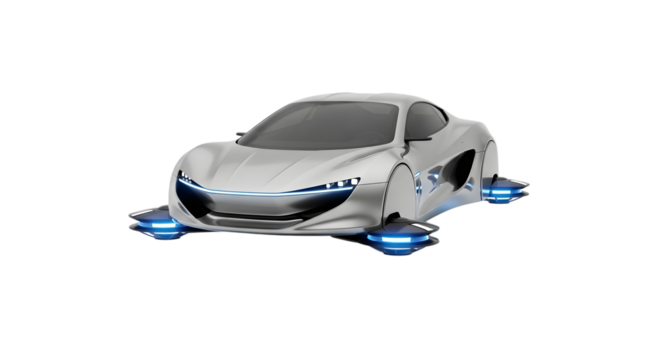 Futuristic silver sports car with glowing blue thrusters hovering in the air isolated on transparent background