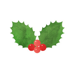 クリスマスに使える柊の葉（2枚）と赤い実の手描き水彩イラスト