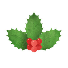 クリスマスに使える柊の葉（3枚）と赤い実の手描き水彩イラスト