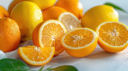 Freshly Sliced Oranges with Bright Yellow Lemons on a White Table Surface