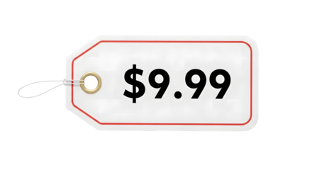 White retail price tag with red border displaying the price 9 99 isolated on transparent background