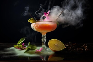 Smoking pink cocktail is served in elegant coupe glass, garnished with orchid and lime slice, accompanied by fresh mint and lime half on reflective surface