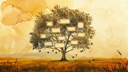 A large tree with empty frames on its branches stands in a golden field. The background features a soft, warm sky with clouds, creating a serene atmosphere.
