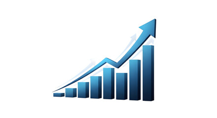Blue 3d bar chart graph with upward trending arrow showing growth and success isolated on transparent background