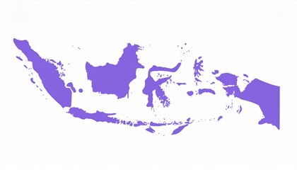 A vibrant purple silhouette map of Indonesia against a stark white background, Perfect for graphic design and geographical studies, offering a clean and impactful visualization