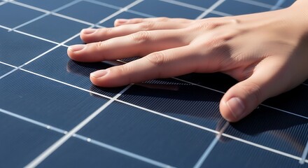 Solar Panel Close Up Inspection Hand On Clean Photovoltaic Cell Surface Sustainability