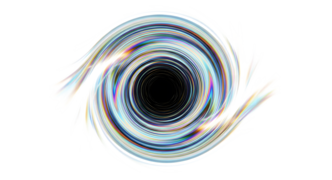 Abstract swirling vortex of light and energy with a black hole center isolated on transparent background