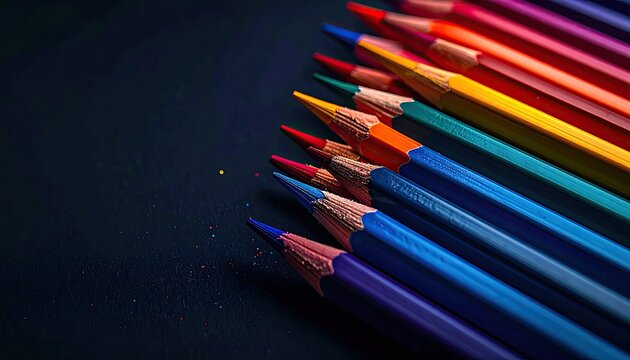 Vivid colored pencils arrayed, close-up on dark surface