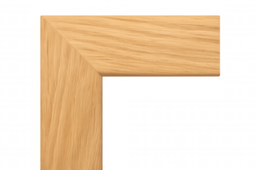 Wooden frame corner with a clear natural oak wood grain texture and miter joint, providing a customizable border element