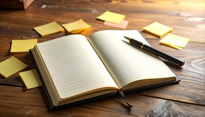 Open journal with pen on wooden table surrounded by sticky notes, Ready to write in the vintage journal with black pen and colorful sticky notes