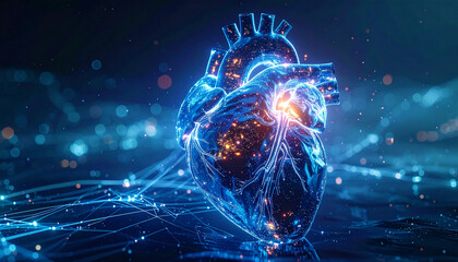 Digital human heart with glowing connections and data points, representing advanced medical technology and scientific innovation.