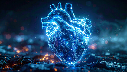 A glowing, digital representation of a human heart, illuminated with blue light, set against a dark background.