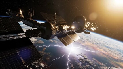 Spacecraft with extended solar panels orbiting Earth at sunset. Satellite views planetary atmosphere and distant lightning. Space exploration orbital path footage - Powered by Adobe